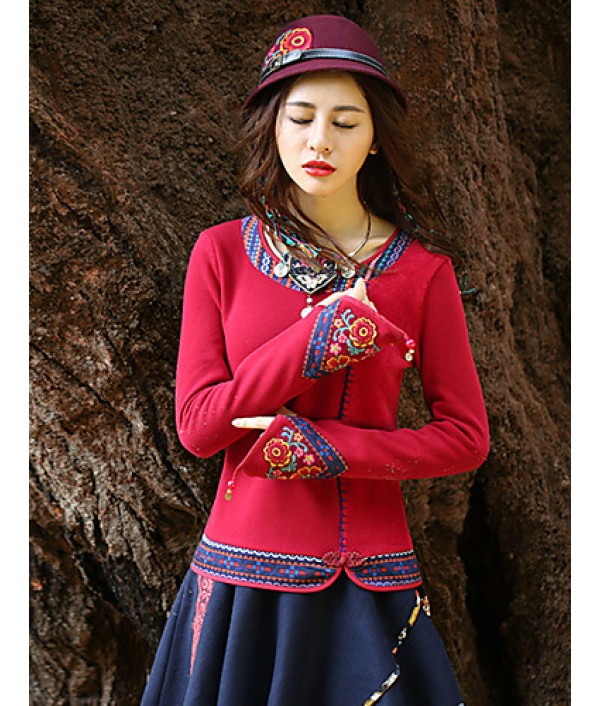 Our Story Going out Vintage Regular PulloverPaisley Red / Purple Round Neck Long Sleeve Cotton Spring