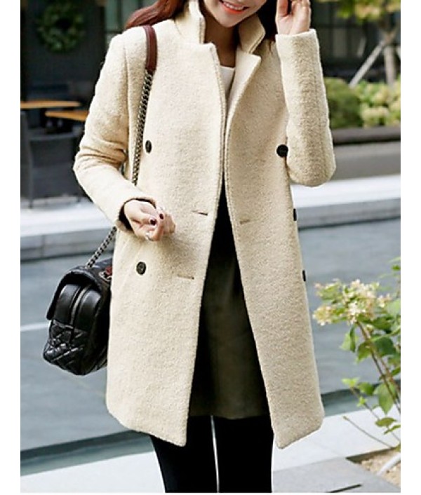 Women's Casual/Daily Simple Coat,Solid Notch Lapel Long Sleeve Fall Beige Wool Medium