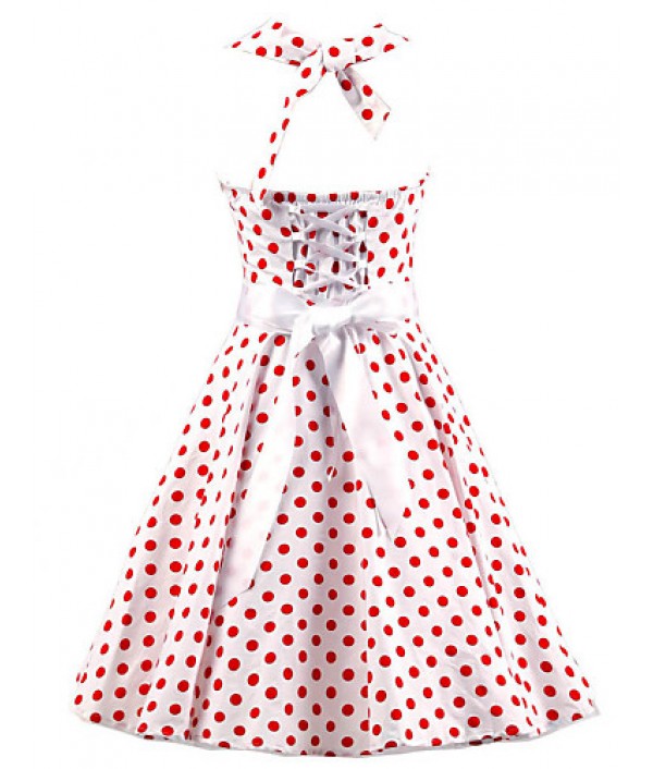 Women's White Red Mini Polka Dot Dress , Vintage Halter 50s Rockabilly Swing Dress