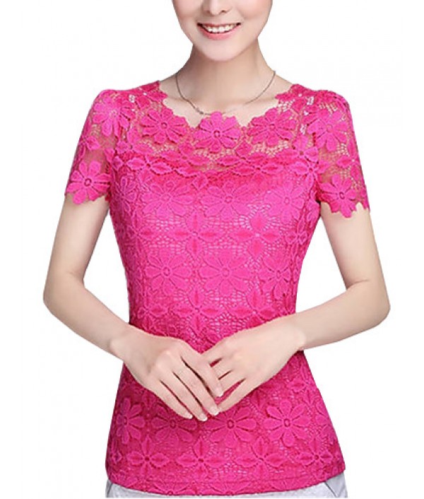 Summer Plus Size Women Solid Color Round Neck Short Sleeve Lace Blouse Slim Was Thin T-shirt Tops