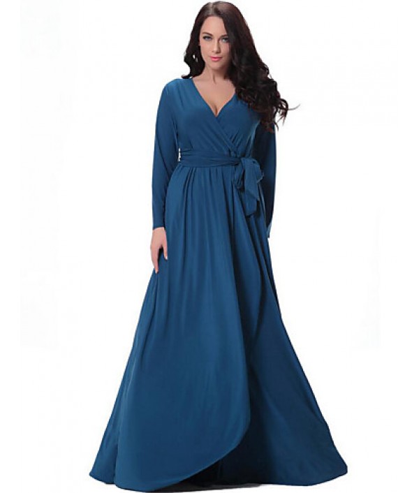 Women's Party/Cocktail Plus Size Plus Size Dress,Solid V Neck Midi Long Sleeve Blue Spandex Fall