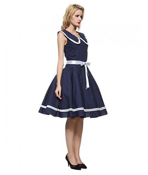 Women's 50s Vintage Nautical Sailor Rockabilly Hepburn Pinup Business Swing Dress 526