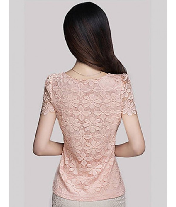 Summer Plus Size Women Solid Color Round Neck Short Sleeve Lace Blouse Slim Was Thin T-shirt Tops