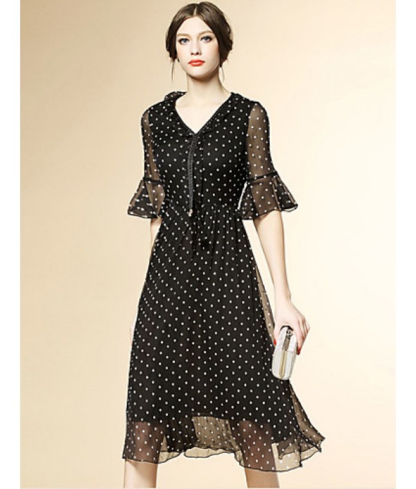 Women's Street chic Polka Dot Chiffon / Swing Dress,V Neck Knee-length Polyester