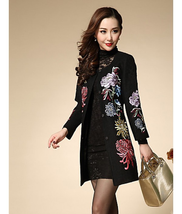 Boutique SWomen's Plus Size / Going out Chinoiserie Coat,Solid / Embroidered Round Neck Long Sleeve