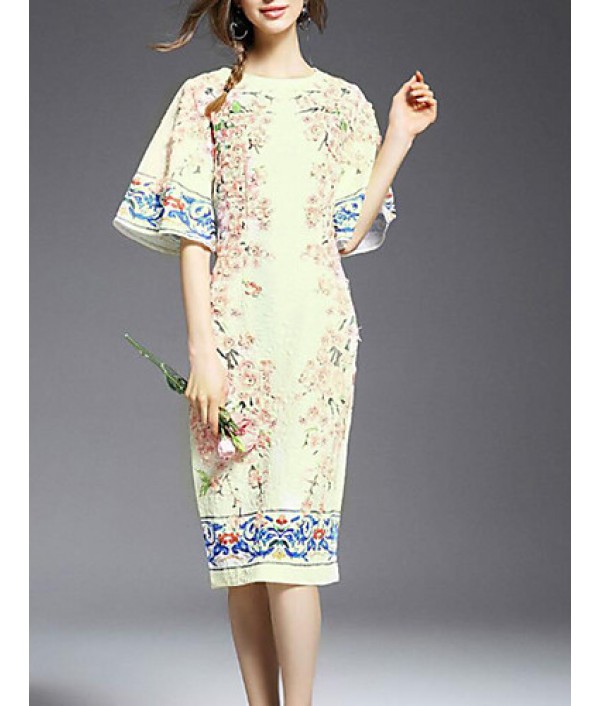 Casual/Daily Simple Sheath Dress,Print Round Neck Knee-length ? Length Sleeve White Others Summer Mid Rise