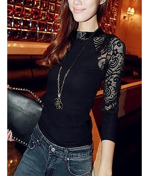 Women's Lace Black/Gray T-shirt,Sexy Crew Neck Long Sleeve Splicing