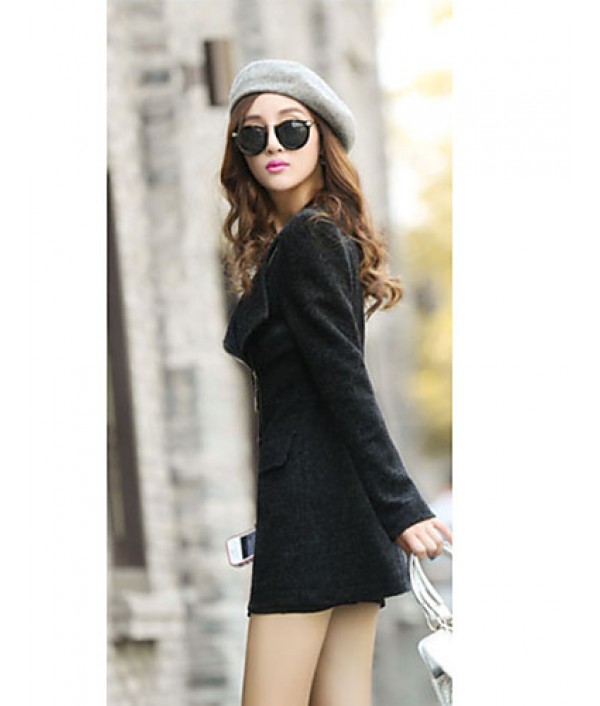 Women's Sexy Coat,Solid V Neck Long Sleeve Fall Black / Gray Wool / Cotton / Others Thick