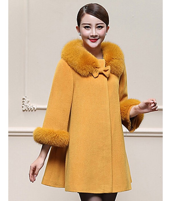 Women's Plus Size / Casual/Daily Simple Coat,Solid Round Neck Long Sleeve Winter Blue / Yellow Wool / Faux Fur Thick