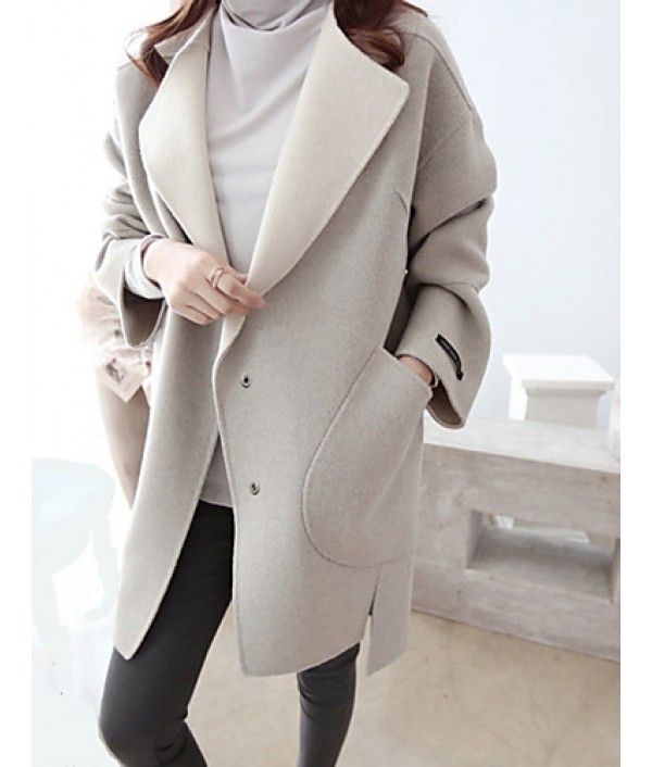 Women's Casual/Daily Simple CoatSolid Round Neck Long Sleeve Winter Gray Wool Thick