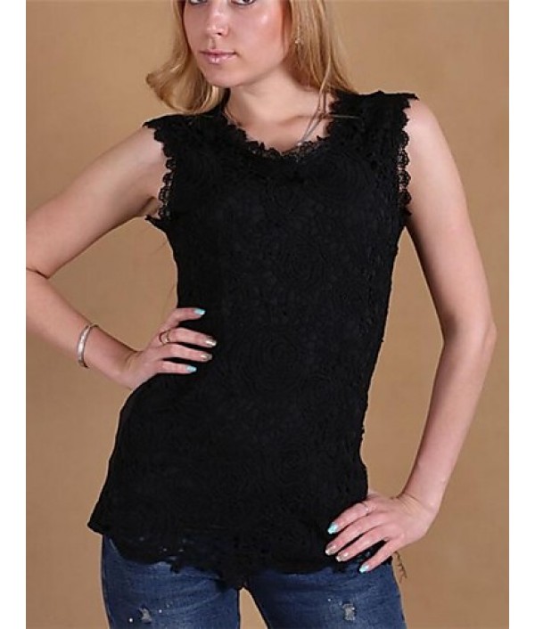 Women's Round Neck Lace Shirt, Cotton Blends Sleeveless