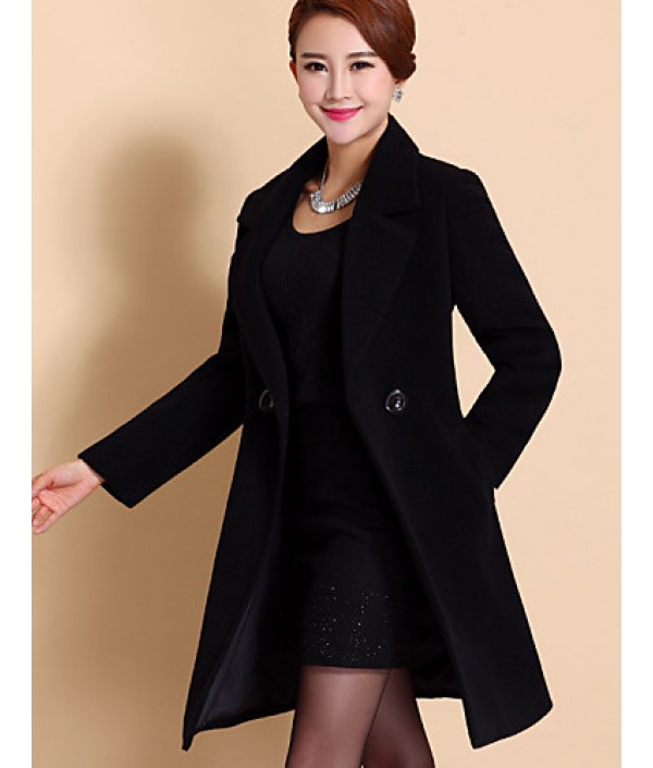 Women's Coat,Solid / Patchwork Peaked Lapel Long Sleeve Winter Blue / Black / Yellow Wool / Others Thick