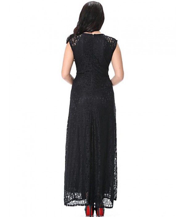 Women‘s Beach Plus Size / Lace Dress,Solid Round Neck Maxi Sleeveless Black Polyester Spring