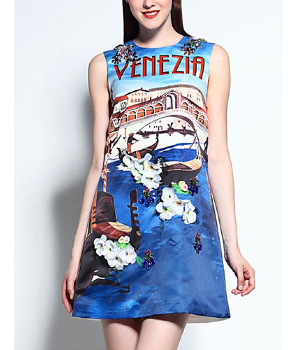 Women's Casual/Daily Street chic A Line Dress,Print Round Neck Above Knee Sleeveless Blue Cotton / Polyester Summer