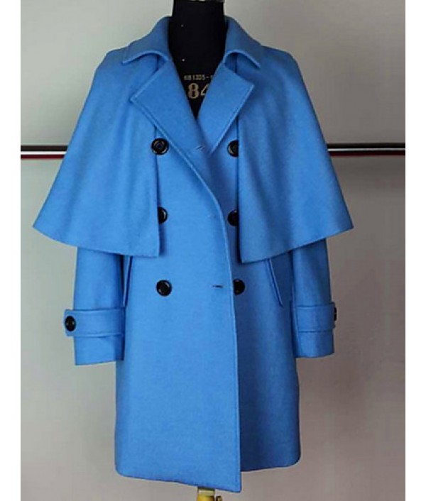 Women's Going out Cute Cloak/Capes,Solid Shirt Collar Long Sleeve Winter Blue / Orange Wool Thick