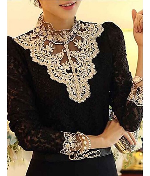 Women's Lace Crochet Black/Beige Blouse, Vintage Stand Collar Long Sleeve