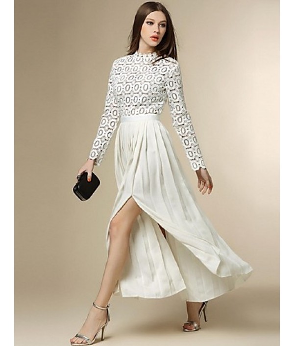 Boutique S Women's Going out Street chic Chiffon Dress,Patchwork Stand Maxi Long Sleeve White Polyester Fall