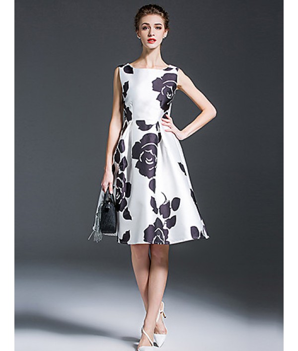 Women's Vintage Floral A Line Dress,Round Neck Knee-length Polyester