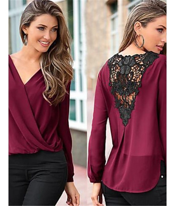 Sexy / Street chic Spring Blouse,Solid V Neck Long Sleeve Red / Black / Green / Purple Polyester Thin