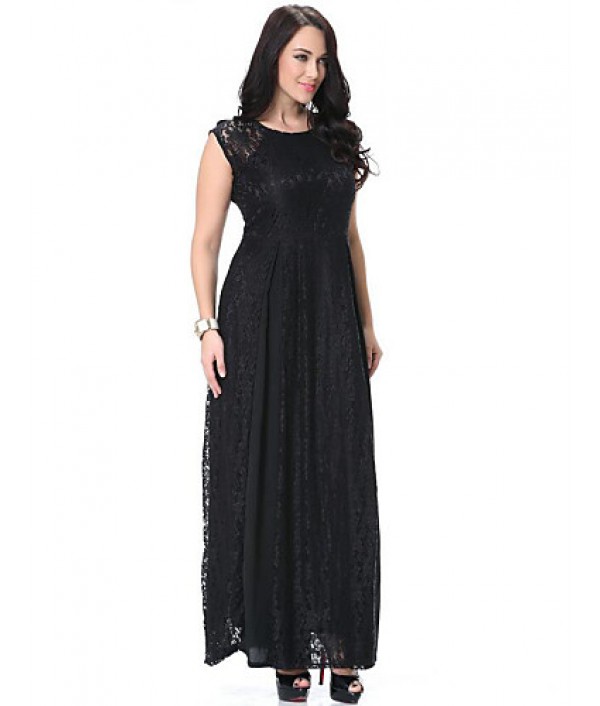 Women‘s Beach Plus Size / Lace Dress,Solid Round Neck Maxi Sleeveless Black Polyester Spring