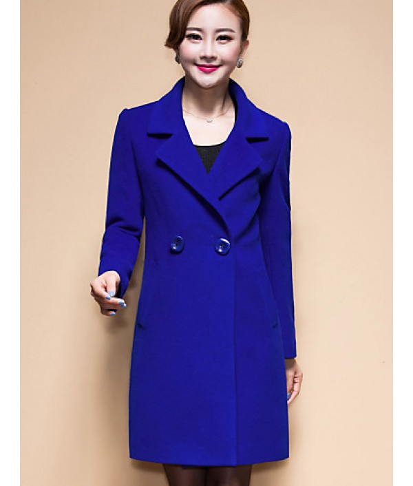 Women's Coat,Solid / Patchwork Peaked Lapel Long Sleeve Winter Blue / Black / Yellow Wool / Others Thick