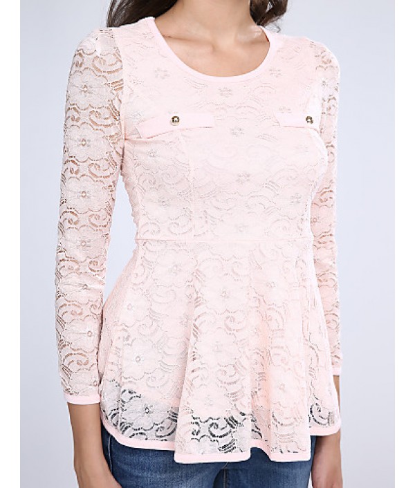 Women's Lace Pink/White/Black Blouse, U Neck Long Sleeve with Peplum