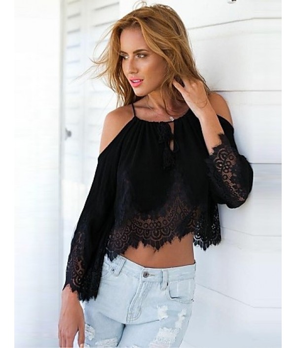 Women's Beach/Casual Lace Hem Long Sleeve Short T-shirt