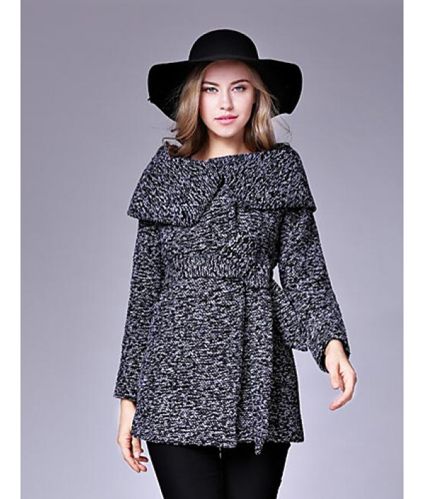 Women's Casual/Daily Street chic CoatSolid Shirt Collar Long Sleeve Fall / Winter Black / Gray Wool Medium