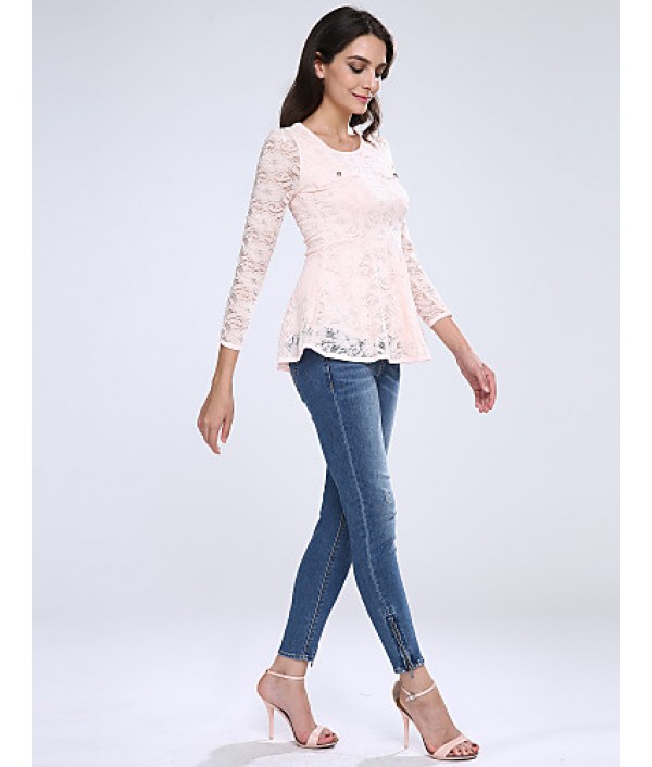 Women's Lace Pink/White/Black Blouse, U Neck Long Sleeve with Peplum