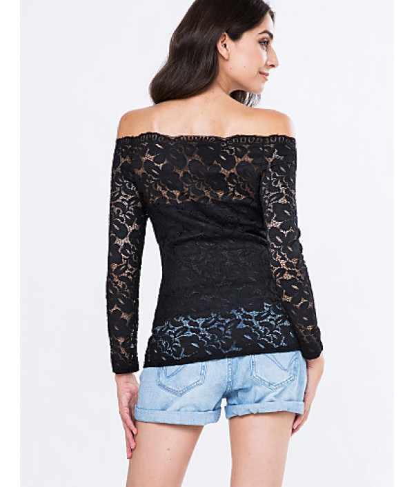 Women's Vogue Lace Bateau Long Sleeve Hollow Out Lace T-shirt