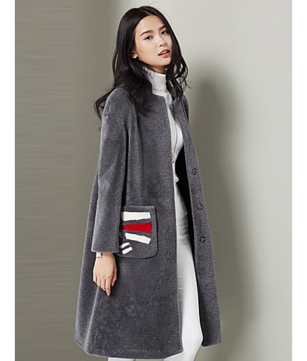 Women's Casual/Daily Simple Fur CoatSolid Asymmetrical Long Sleeve Fall / Winter Gray Wool Thick