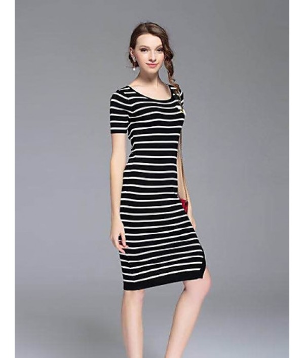 Boutique S Going out /Daily Cute Sheath DressStriped Round Neck Midi Short Sleeve White/Polyester Summer Mid Rise