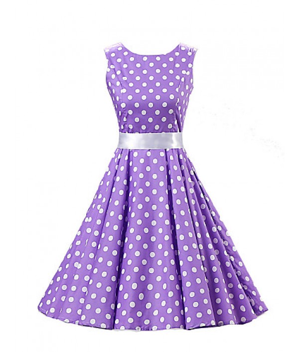 Women's Going out Vintage / Cute A Line / Skater Dress,Polka Dot Round Neck Knee-length Sleeveless Purple Cotton Spring Mid Rise