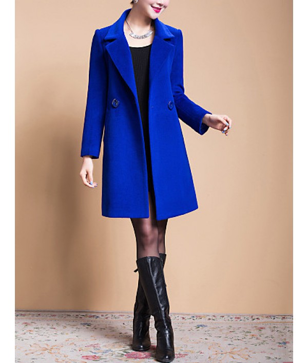 Women's Solid Blue / Black / Yellow Casual Loose Long Woolen Overcoat , Work / Plus Sizes Long Sleeve Wool