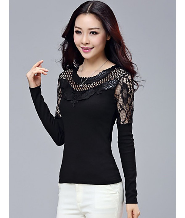 Women's Patchwork Black Blouse,Plus Size/ Casual Lace Cut Out Mesh Embroidery Flower Fashion Slim Nylon