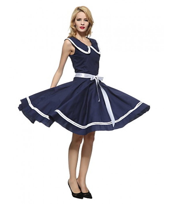 Women's 50s Vintage Nautical Sailor Rockabilly Hepburn Pinup Business Swing Dress 526