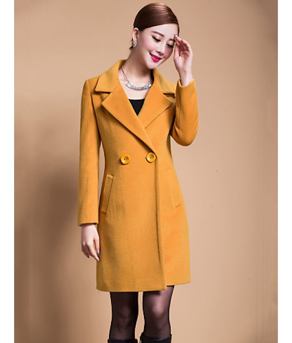 Women's Solid Blue / Black / Yellow Casual Loose Long Woolen Overcoat , Work / Plus Sizes Long Sleeve Wool