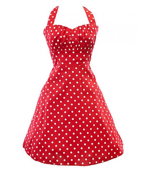 Women's Retro 50s Slim Polka Dot Sleeveless Swing Party Dress