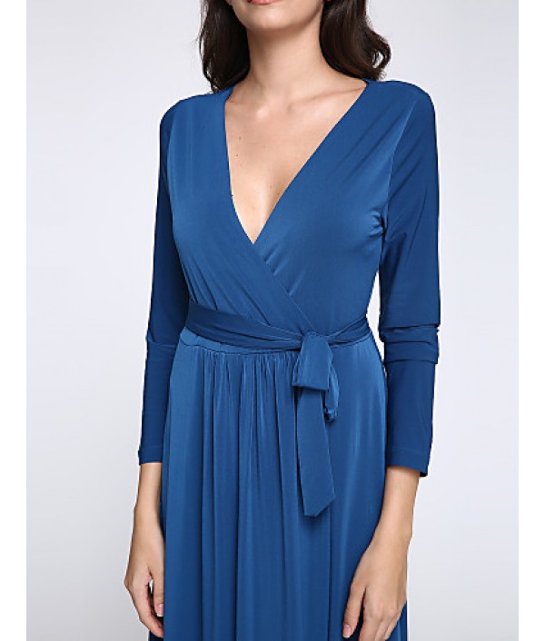 Women's Party/Cocktail Plus Size Plus Size Dress,Solid V Neck Midi Long Sleeve Blue Spandex Fall