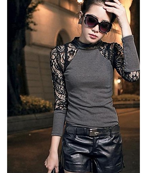 Women's Lace Black/Gray T-shirt,Sexy Crew Neck Long Sleeve Splicing