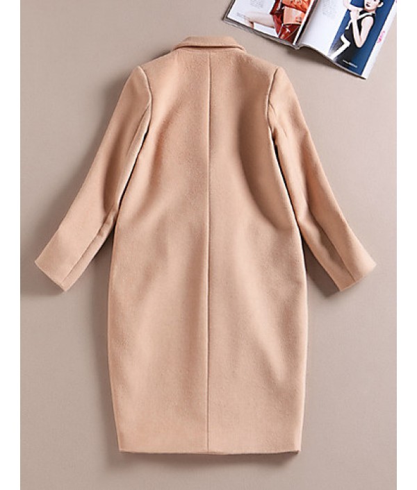 Boutique S Formal / Work Simple CoatSolid Peaked Lapel Long Sleeve Winter Beige Wool / Spandex Medium