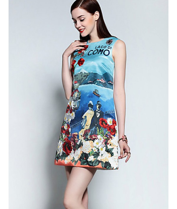 Boutique S Women's Casual/Daily Cute A Line Dress,Print Round Neck Above Knee Sleeveless Blue Cotton Summer