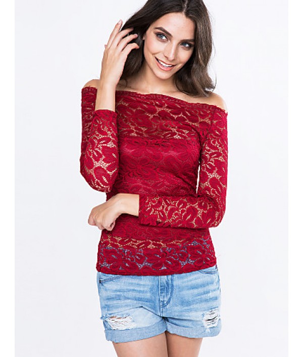 Women's Vogue Lace Bateau Long Sleeve Hollow Out Lace T-shirt