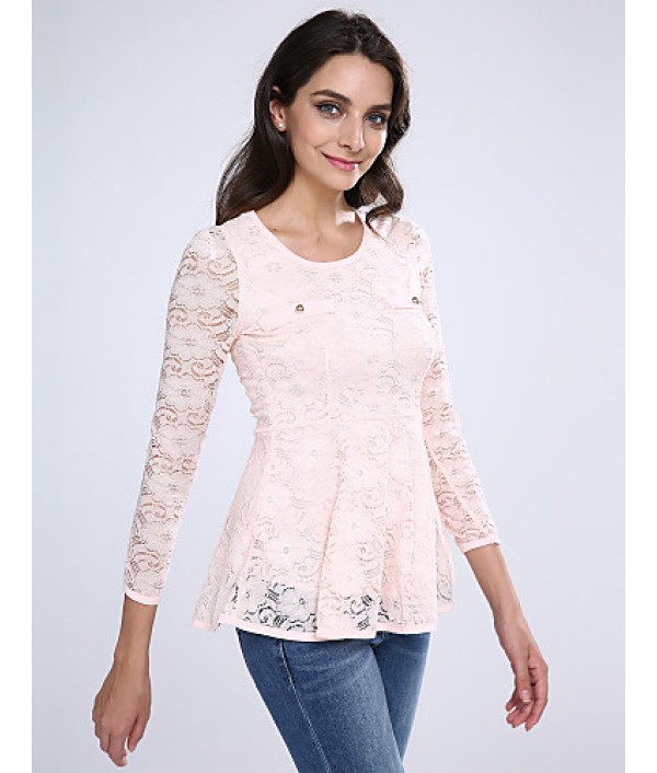 Women's Lace Pink/White/Black Blouse, U Neck Long Sleeve with Peplum