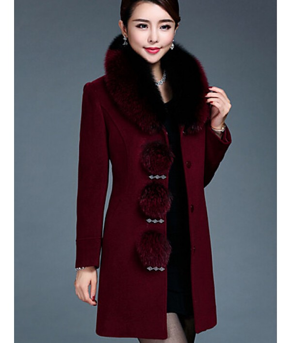 Women's Plus Size / Casual/Daily Simple Coat,Solid Round Neck Long Sleeve Winter Red / Black Wool / Faux Fur Thick