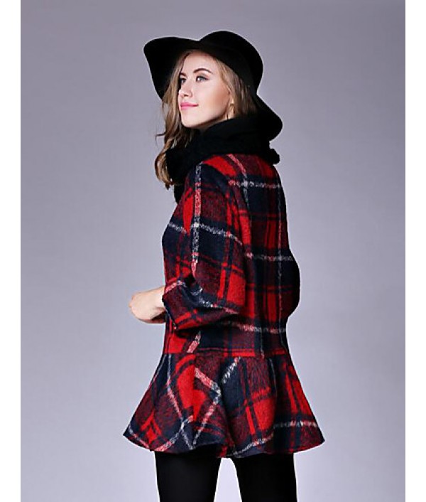 Women's Casual/Daily Street chic CoatPlaid Round Neck Long Sleeve Fall / Winter Red / Black / Green Wool Medium