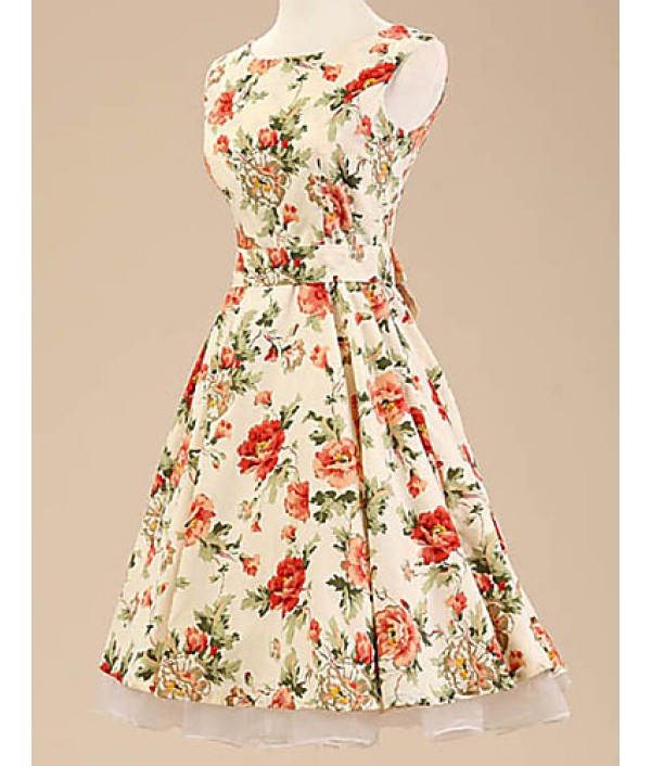 Women's Halter 50s Vintage Flower Print Rockabilly Sleeveless Dress(Not Include Petticoat)