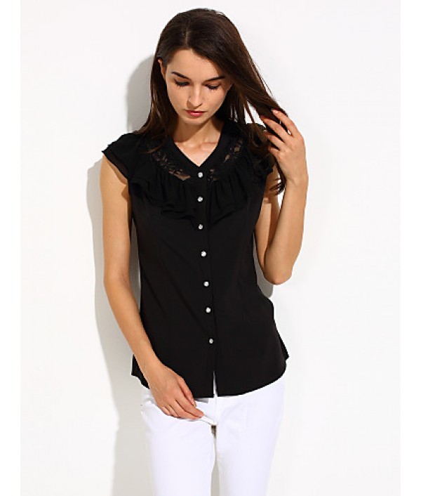 Women's Casual/Daily / Plus Size Simple Summer Blouse,Solid V Neck Sleeveless White / Black Medium