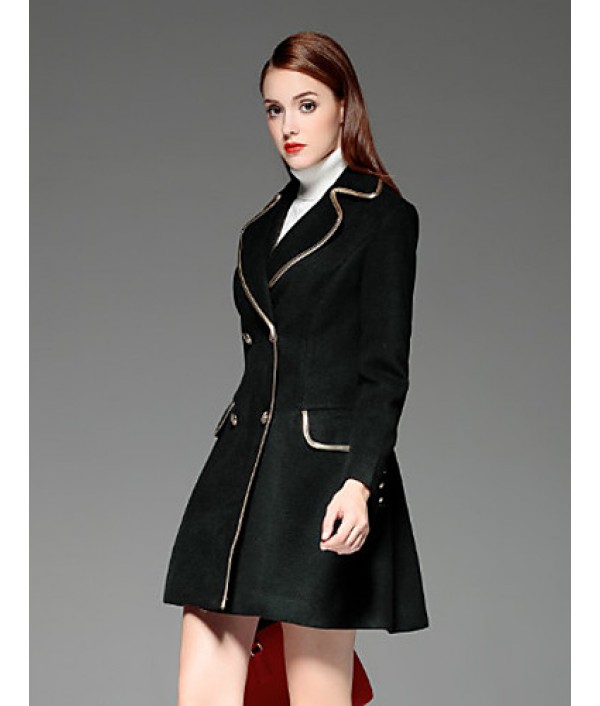  Women‘s Going out Vintage Coat,Solid Notch Lapel Long Sleeve Winter Black Wool Opaque