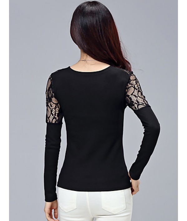 Women's Patchwork Black Blouse,Plus Size/ Casual Lace Cut Out Mesh Embroidery Flower Fashion Slim Nylon